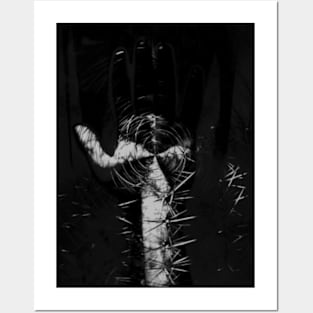 Digital collage and special processing. Hand full of spikes. Cursed. Grayscale. Posters and Art